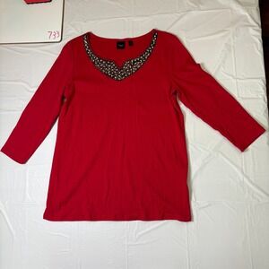 Rafaella Red Beaded Notched Neck 3/4 Sleeve Cotton Knit Top Blouse Womens Medium